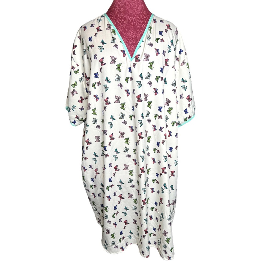 Gold Coast Satin Aqua/Beige Butterfly Print Night Shirt